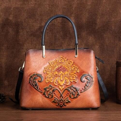 Retro Women Tote Bag 2021 Summer Lady Genuine Leather Floral Luxury Handbag First Layer Cowhide Handmade Embossed Shoulder Bags