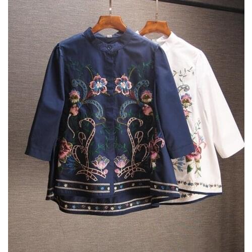Womens Spring autumn A-Line flower embroidery Shirt Female Vintage National Loose Casual plus size cotton Shirt Blouse TB969