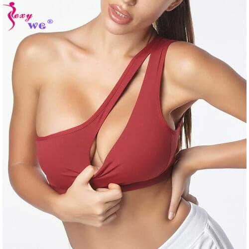 SEXYWG Sexy One Shoulder Solid Sports Bra Women Fitness Yoga Bras Gym Padded Sport Tops Athletic Vest Running Push Up Brassieres