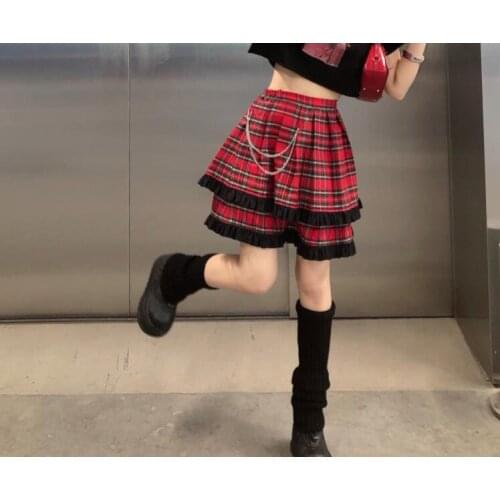 Autumn Winter Gothic Harajuku Cake Skirts Red Plaid Chain Fashion Sweet Girl Punk High Waist Mini Kawaii Short Skirts Girls