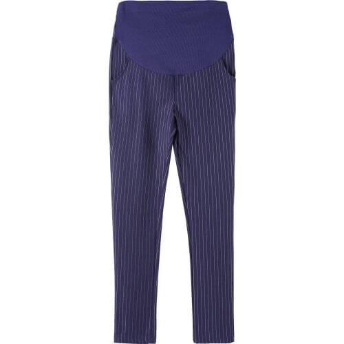Maternity Pants Office Formal Pants Vertical Stripes Cotton Belly Pants for Pregnant Women Pregnancy Elastic Waist Pencil Pants