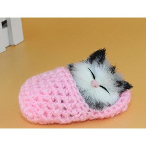 Cute Sleeping Cat Slippers Sounding Simulation Plush Animal Toy Decor Kids Gift