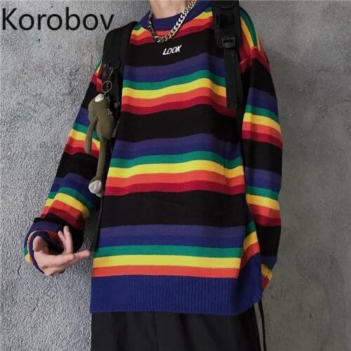 Korobov Women Rainbow Hit Color Patchwork Sweaters 2020 New Vintage O Neck Long Sleeve Sueter Mujer Harajuku Ulzzang Pullovers