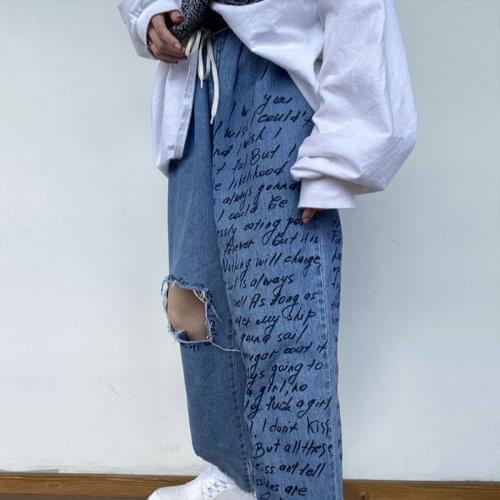 B-TOTO American Retro Blue Ripped Jeans Women Ins Tide Loose Straight Wide Leg Pants 2021 New Fashion