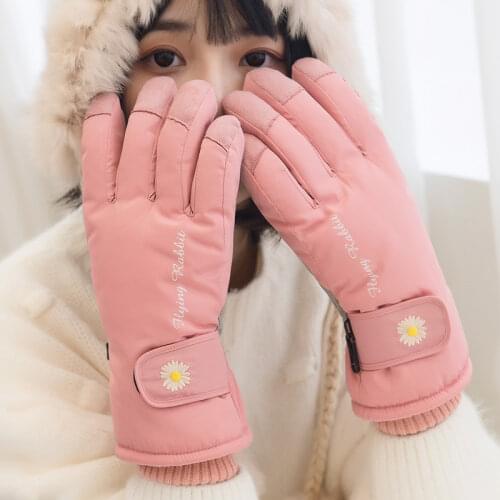 Autumn Winter Womens Warm Skiing Gloves Full Fingers Waterproof Anti-Slip Mittens Daisy embroidery