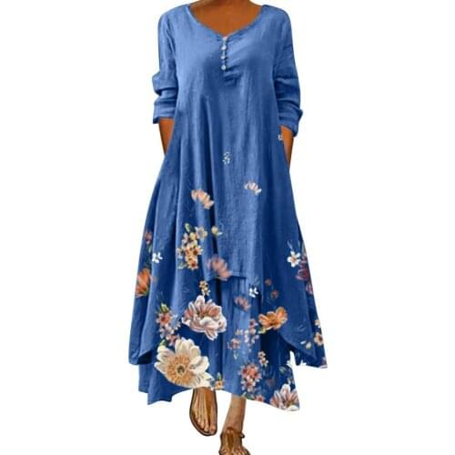 Women Dress Printed Buttons Summer V Neck Long Sleeve Dress for Party Womens Clothing 2021