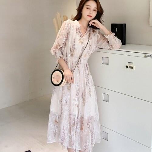 Women Fairy Dress Vestidos 2021 French Vintage Autumn Hollow Embroidery Printed Chiffon Puff Sleeve Sweet Elegant Party Dresses