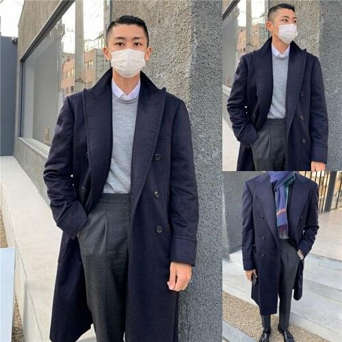 Winter Navy Blue Overcoat Streetwear Mens Double Breasted Long-Length Woolen Warm Casual Trench Coat Male Jacket