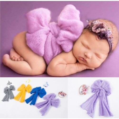 2 Pcs Newborn Photography Props Accessories Baby Bowknot Wrap Cloth Flower Headband Set Baby Girls Posing Assit Photo Shooting