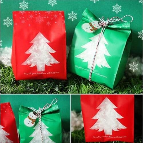 50pcs Red/Green Plastic Bags Candy Box With Snowflake Xmas Dessert Cookie Bags Wedding Christmas Gift Decorations