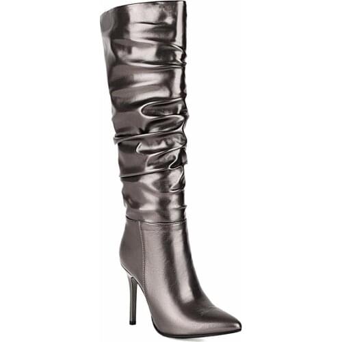 Metallic Bright Leather Color Ultra-High Stiletto Heel-Toe Knee-Length Boots Gun Color Short Plush Womens Boots Golden Pleated