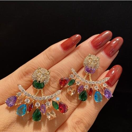 Retro Color Colorful Earrings Lion Head Water Drop AAA Zircon Tassel Crystal Exquisite Fashion Luxurious Jewelry For Women
