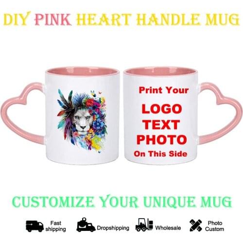 DIY Photo Pink heart Mug lion pattern KTDZ-DW-001-FA,custom your photo on Tea cup,unique Ceramic Coffee Cup best gift