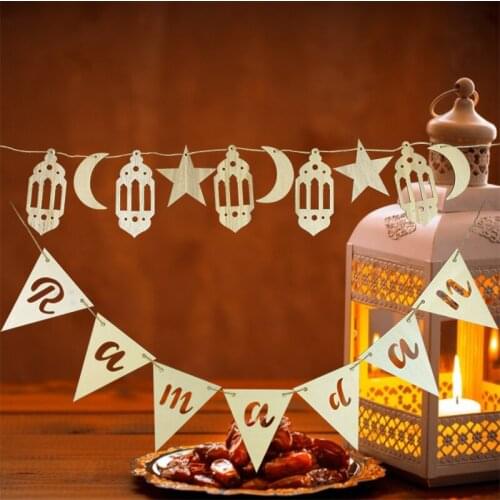Eid Mubarak Wood Banner Hanging Ornament Kareem Ramadan Bunting Wooden Islamic Muslim Party Decoration Supplies