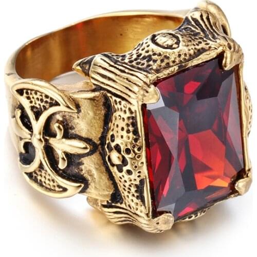 Mens Punk Ring Gold-colour Gothic Stainless Steel Ring Green Purple Clear Red Stone Big Ring Hot Selling Size 8 9 10 11 12 13
