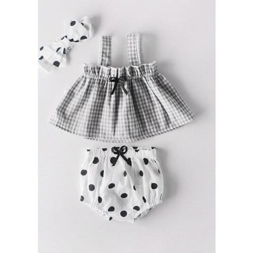 0-24m newborn baby clothing set summer black white plaid strap shirt+ short PP pants suit kids outfits toddler children clothes
