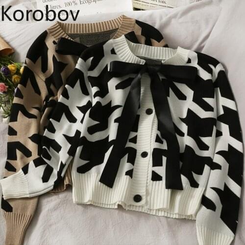 Korobov Korean Lacing Bow Single Breasted Cardigans Sweaters Vintage O Neck Long Sleeve Cardigan Japanese Sweet Plaid Cardigan