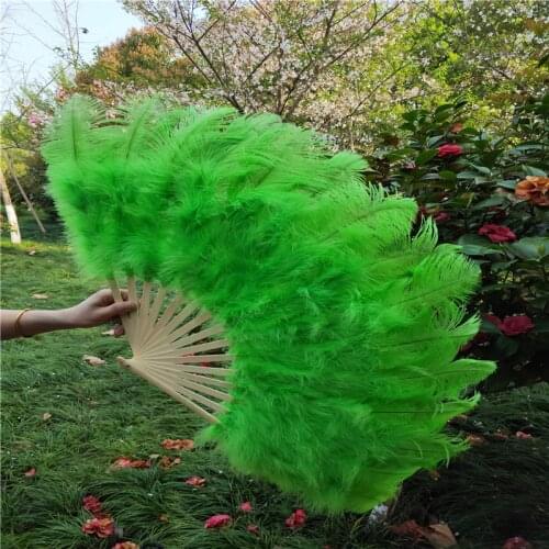 Beautiful 15 bone Green High Quality Ostrich Feather Fan Dance Stage Show Props Wedding Party Fluffy Feather Hand Fan Decoration