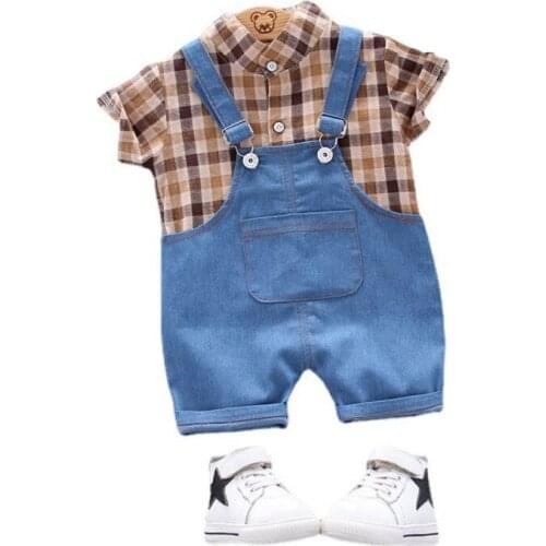 Fashion Summer Toddler Infant Clothing Baby Girls Boys Clothes Sets Plaid Shirt Bib Pants 2pcs/Sets Kids Children Costume Suits