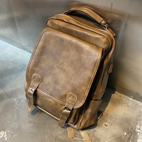 Xiao.p Fashion Mens High Quality Pu Leather Backpack with USB Charging Large Capacity Retro Square Outdoor Leisure Backpack