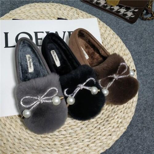 Rabbit fur moccasins women crystal bowtie winter cotton shoes pearl decoration slip on furry loafers lazy plush shoes big size42