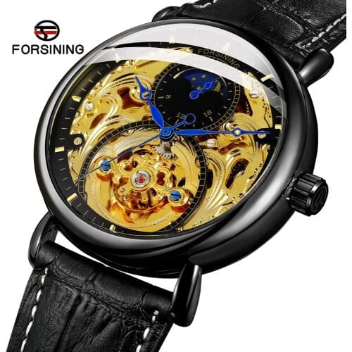 Forsining Newest Stylish Mens Mechanical Automatic Skeleton with Color Bars Index Dial Watch Genuine Leather Strap FSG8177M3