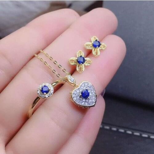 Real Natural Sapphire jewelry set Natural Real Sapphire 925 sterling silver 1pc pendant,1pc ring,2pcs Earring