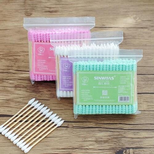 100Pcs Disposable 2-Sided Bamboo Stick Cotton Swab Makeup Cleaning Applicator