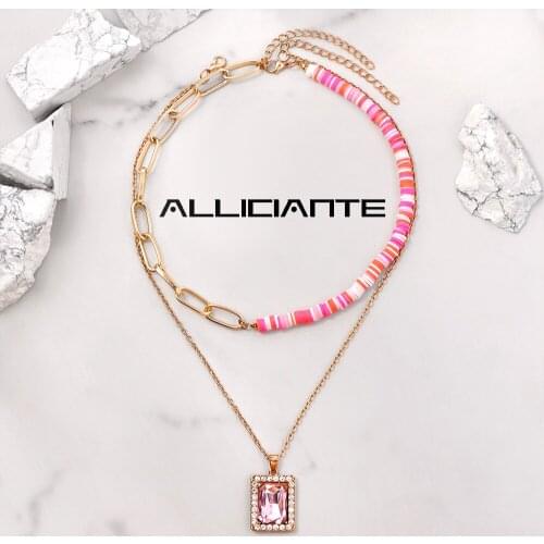 2Pcs Pink Square Crystal Asymmetry Clay Beaded Necklace For Women Soft Pottery Bead Pearl Choker Layered Necklaces Party Jewelry