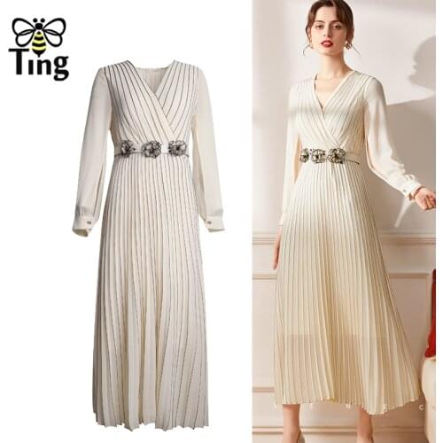 Tingfly Women Clothes Fashion Striped Pleated Midi Long Party Dinner Dresses Office Elegant A Line Dress with Belt Zaful Robes