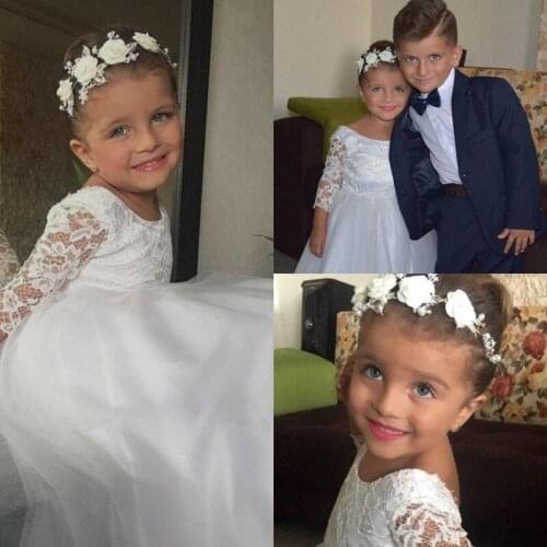 Flower Girl Dresses Jewel Neck 3/4 Long Sleeve Bow Appliques Tulle Girls Pageant Dresses Floor Length Girls Party Gowns