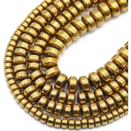 Flat Cylinder Gold Hematite Natural Stone Round Spacers Charm Loose Beads For Jewelry Making Diy Bracelet Accessories 3/4/6/8MM