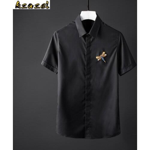 Azazel 100% Cotton Mens Shirts Luxury Dragonfly Beading Short Sleeve Mens Dress Shirts Camisa Masculina Plus Size 4xl Shirts Man