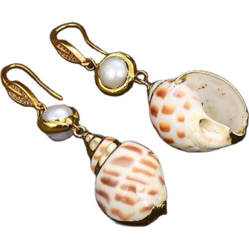 JK Natural sea snail White Pearl golden plated hook Earrings