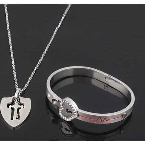 Titanium Steel 100 Different Language I Love U Heart Lock Key Couple Bracelet Necklace Nanotechnology Lover Jewelry Set