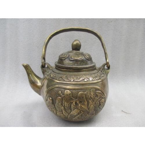 Elaborate Chinese old copper hand-carved mythical figure eight immortals teapot