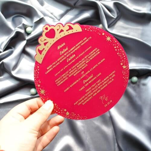 2018 free design custom color printing round crown acrylic card,burgundy wedding invitation menu greeting plexiglass transparent