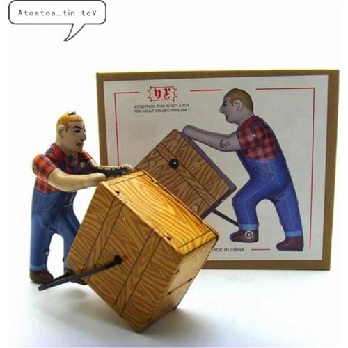 Vintage push box worker Tin toys Classic Clockwork Wind Up Worker Tin Toy For Adult Kids Collectible Gift