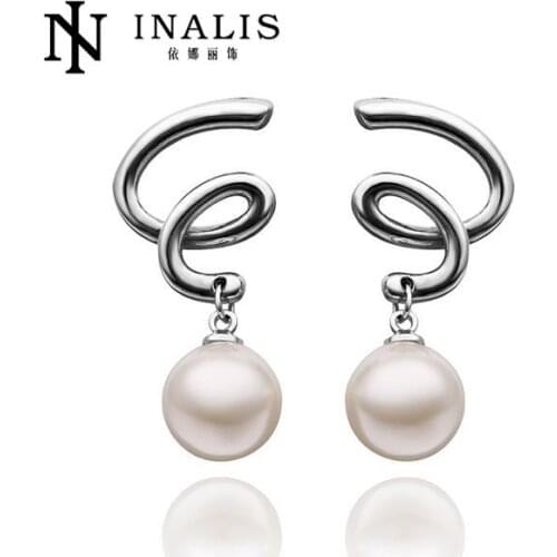 INALIS Slim Simulate Pearl Stud Earrings Long Vertical Cubic Zirconia Rose Gold and Silver Color Earring Women E458