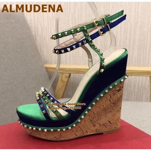 ALMUDENA Wood Wedge Heels Sandals Platform Gold Rivets Dress Pumps Women Strappy Pyramid Studded Gladiator Shoes Size43 Dropship