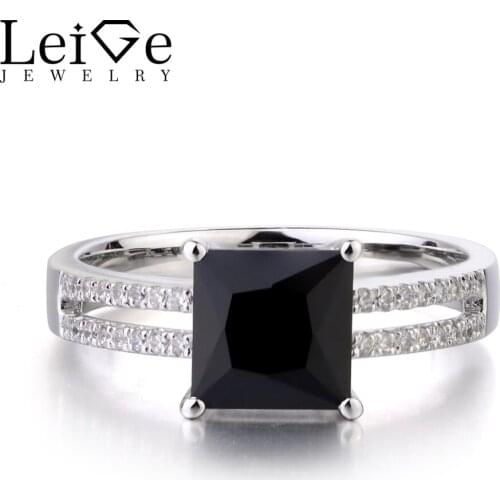 Leige Jewelry Genuine Natural Black Spinel 925 Sterling Silver Ring Princess Cut Black Gemstone Anniversary Promise Rings