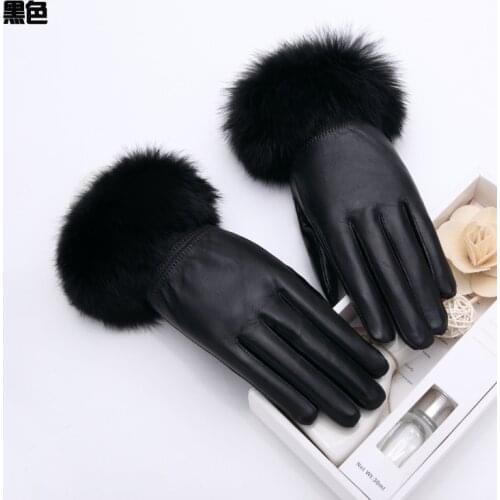 Winter Warm Mitten Women Real Leather Rabbit Fur Balls Female Gloves Causal Wrist Soft Covered Finger Fitness Gloves SR171