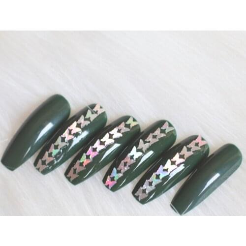 24pcs high-end fashion handmade crystal diamond long flat false nails sexy deep green