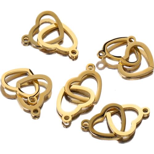 5pcs/lot Gold Stainless Steel Heart Charm Connector for Bracelet Necklace Pendants Diy Jewelry Making Supplies Wholesale Bulk