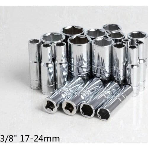 8 Pcs 3/8" 17-24mm CR-V Lengthened Type Universal Socket Wrench Head Set Inner Hexagon Spanner Allen Head Auto Repair Tools