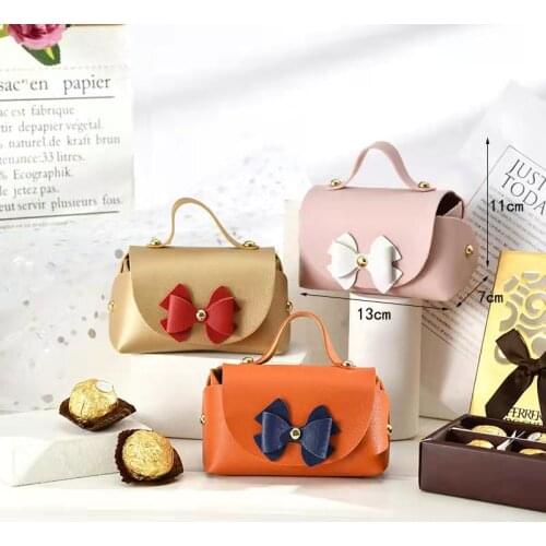 9 Colors Pearl Handle Leather Bowknot Handbag Shape Candy Box Wedding Birthday Party Chocolates Cosmetic Gift Packaging