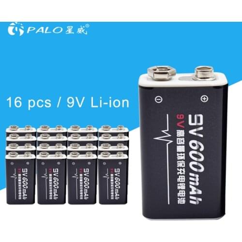 16 pack 600mAh Li-ion 9V 6f22 6F22X 6LR61 Rechargeable Batteries For Smoke detectors Wireless Microphones radio, camera, toys