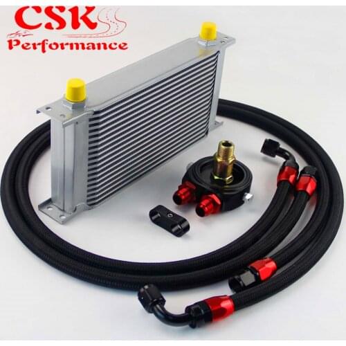 AN8 19 Row 248mm Universal Engine Transmission Oil Cooler British Type + Aluminum Filter Hose End Kit Silver
