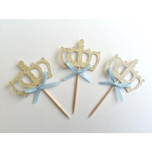 Antique gold Glitter crown Cupcake Toppers with blue Bow boy baby shower Birthday wedding toothpicks party decor