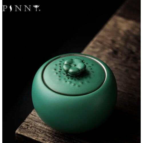 PINNY Japanese Style Coarse Pottery Tea Jar Ceramic Dark Green Glaze Tea Storage Mini Portable Sealed Jar Storage Containers